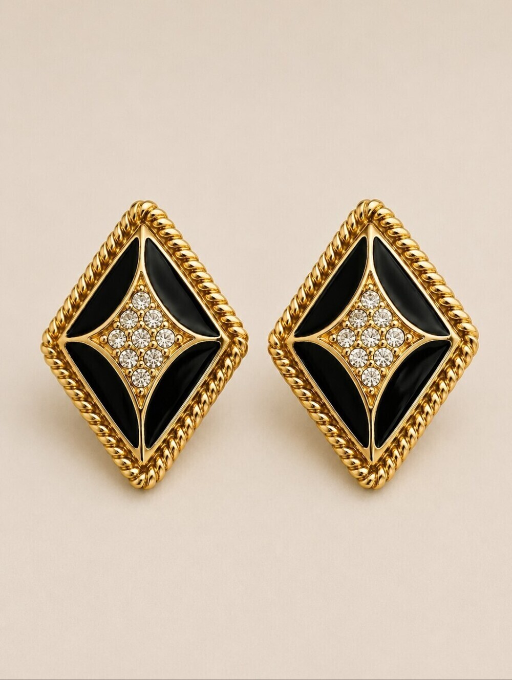 VTG PARK LANE 1980s Atomic Diamond Shape Enamel Rhinestone Post Earrings